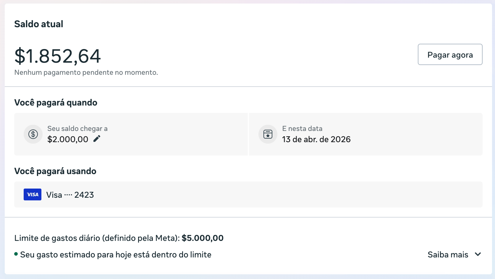 Saldo atual em conta americana no Meta Ads sem imposto — $1,852.64